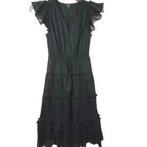 J.Crew 00 Black Dress Cotton Tiered Ruffle Midi A-Line Dark Cottagecore Romantic